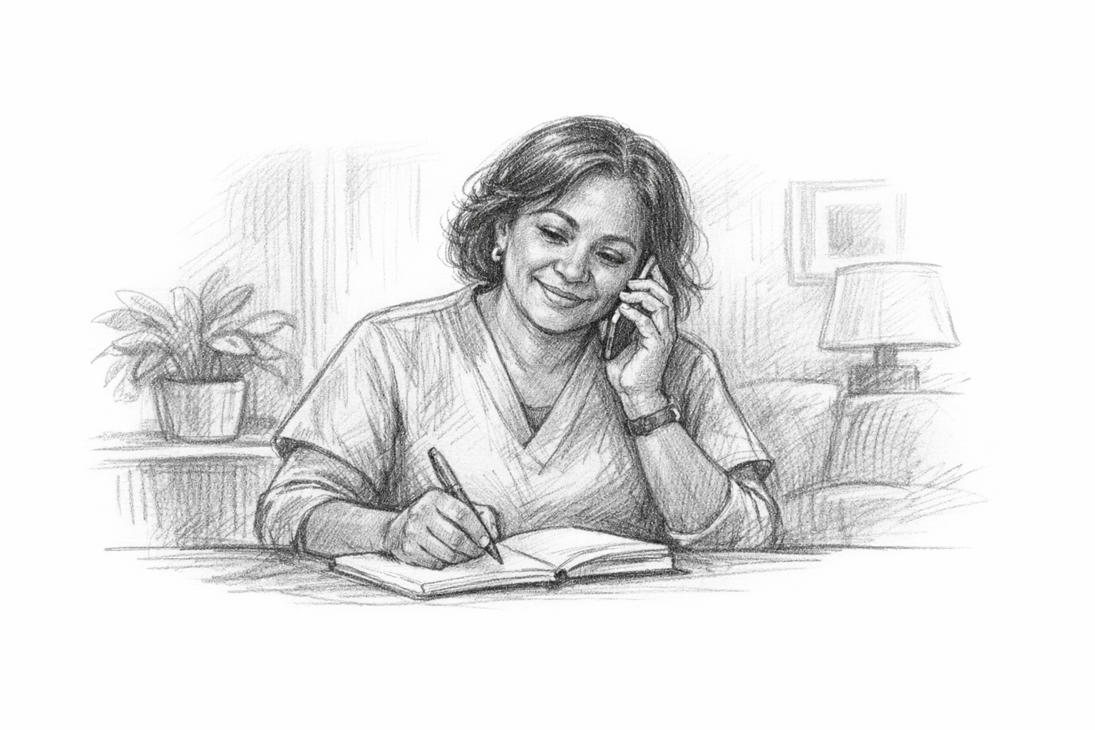 Caregiver taking notes while on phone