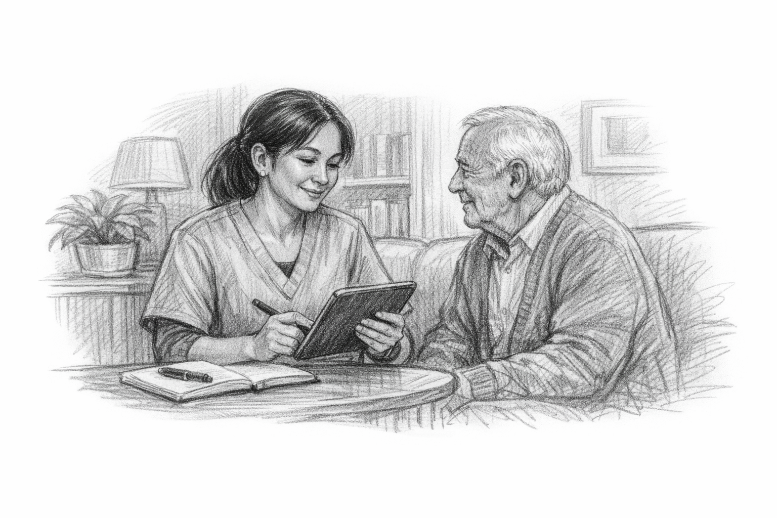 Care coordinator with elderly man during assessment