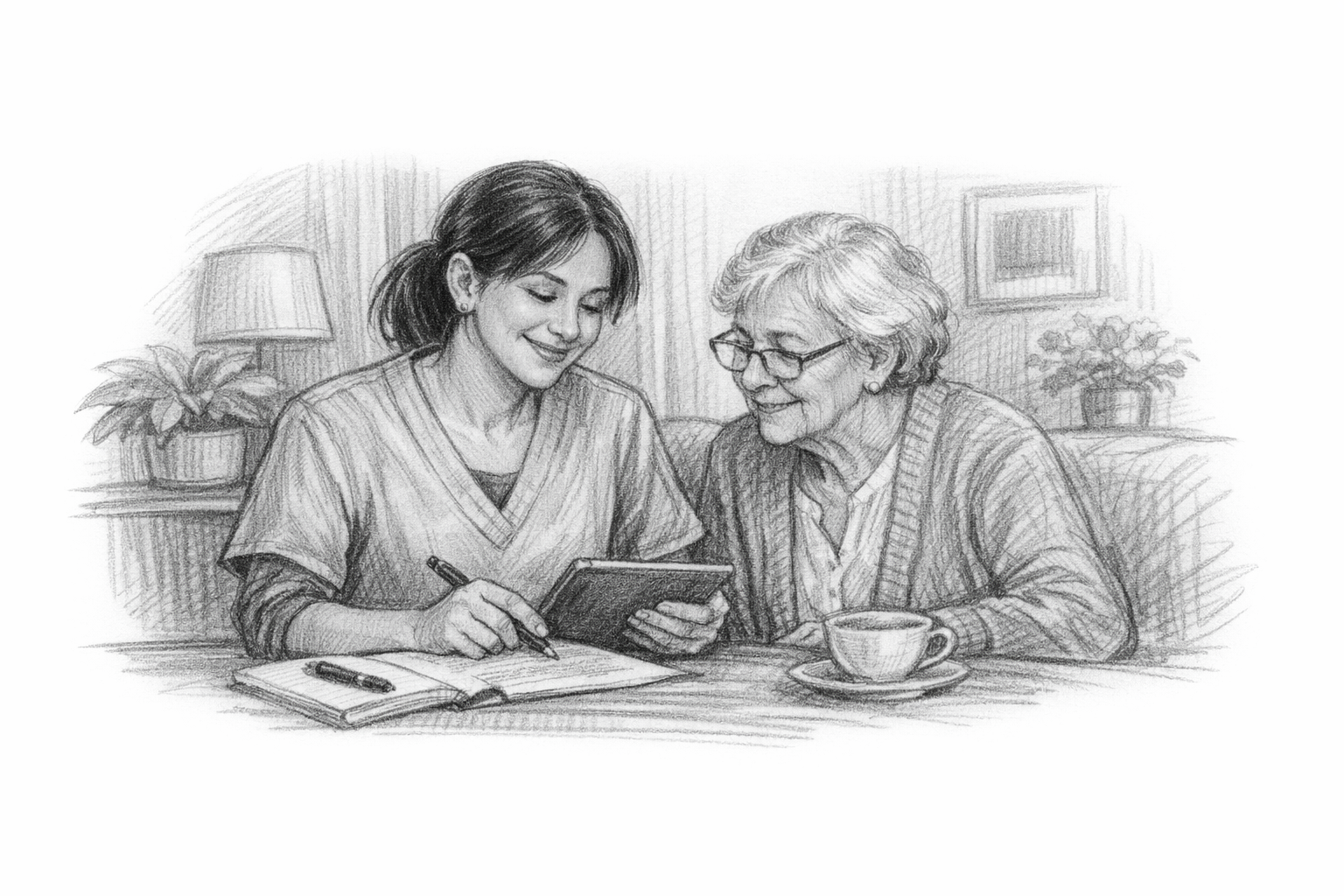 Caregiver and elderly woman reviewing care plan