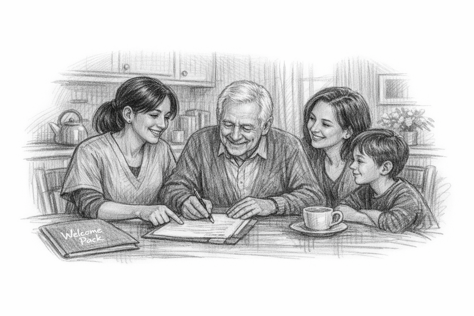 Caregiver with family around kitchen table signing agreement