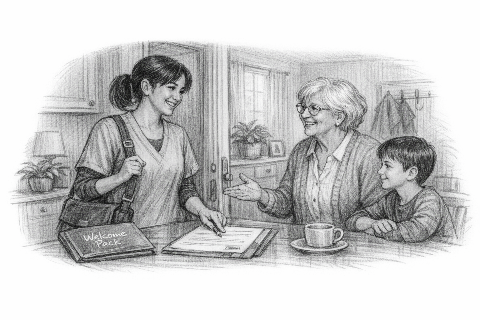 Caregiver arriving for first visit, greeted by elderly woman